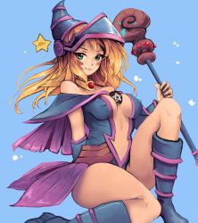 Rule 34 | 1girl, akalari, arm behind back, blonde hair, blue background, blue eyes, blue footwear, blue leotard, blue sleeves, blush, boots, breasts, cleavage, closed mouth, collarbone, dark magician girl, detached sleeves, covered erect nipples, floating hair, highres, holding, holding staff, knee boots, leotard, long hair, looking at viewer, medium breasts, smile, solo, staff, star (symbol), yu-gi-oh!