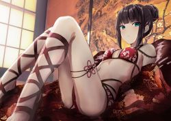 Rule 34 | 1girl, :o, alternate hairstyle, alumina (kennmeidesu), aqua eyes, ass, bad id, bad pixiv id, bikini, black hair, blunt bangs, breasts, breasts apart, cherry blossom print, floral print, hair ornament, hairpin, highres, indoors, kurosawa dia, looking at viewer, love live!, love live! sunshine!!, mole, mole under mouth, multi-strapped bikini, multiple straps, navel, open mouth, red bikini, robe, sandals, sitting, small breasts, solo, swimsuit, thigh strap, thighs