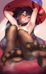 Rule 34 | 1girl, absurdres, akiba monaka, armpits, arms behind head, arms up, bare shoulders, black gloves, black hair, blue hat, blush, breasts, feet, genshin impact, gloves, green eyes, hat, highres, legs, leotard, long hair, looking at viewer, medium breasts, mona (genshin impact), open mouth, soles, solo, toes, twintails, witch hat