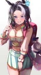 Rule 34 | 1girl, agnes digital (umamusume), alternate costume, animal ears, bag, between breasts, black hair, blush, breasts, casual, commentary request, cosplay, covering privates, covering crotch, crop top, dress, facing viewer, highres, horse ears, horse girl, horse tail, jewelry, kamome (aiou0413), large breasts, looking at viewer, mejiro ramonu (umamusume), midriff, mole, mole under eye, navel, purple eyes, ring, simple background, sweat, tail, umamusume, wedding ring, white background