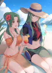 Rule 34 | 2girls, :d, bare shoulders, beach, bikini, black shirt, black shorts, blue sky, breasts, cloud, commentary, commission, crop top, cup, day, drinking glass, drinking straw, elincia ridell crimea, elincia ridell crimea (summer), feet out of frame, fire emblem, fire emblem: radiant dawn, fire emblem heroes, flower, food, fruit, green hair, grey eyes, hair bun, hair flower, hair ornament, hand up, hat, hibiscus, highres, holding, holding cup, lemon, lemon slice, long hair, medium breasts, midriff, moja (rainpoow), multiple girls, navel, neckerchief, nephenee (fire emblem), nintendo, ocean, off-shoulder bikini, off shoulder, open mouth, orange bikini, puffy short sleeves, puffy sleeves, red flower, red neckerchief, sarong, second-party source, seiza, shirt, short shorts, short sleeves, shorts, sitting, sky, smile, stomach, sun hat, swimsuit, thighs, water