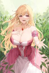 Rule 34 | 1girl, absurdres, armpits, bare shoulders, blonde hair, blush, breast suppress, breasts, cleavage, collarbone, dress, earrings, frilled dress, frills, hand on own chest, hanging, highres, huge breasts, jewelry, large breasts, leaf, lillly, long dress, long hair, looking at viewer, nature, necklace, off-shoulder dress, off shoulder, open mouth, original, outdoors, outstretched hand, pink eyes, plant, red eyes, sagging breasts, short sleeves, sidelocks, smile, solo, strapless, strapless dress, teardrop, tears, teeth, two-tone dress, very long hair