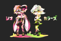 Rule 34 | + +, 2girls, ankle boots, artist name, black background, black dress, black hair, boots, callie (splatoon), detached collar, dress, earrings, fangs, food, food on head, full body, gloves, grey hair, hand on own cheek, hand on own face, hand on own hip, highres, inkling, jewelry, long hair, looking at viewer, marie (splatoon), mole, mole under eye, multiple girls, nintendo, object on head, open mouth, paint splatter, pointy ears, short dress, short hair, short jumpsuit, signature, simple background, smile, splatoon (series), splatoon 1, standing, strapless, strapless dress, tarai (silica5), tentacle hair, translated