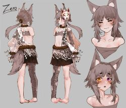 Rule 34 | absurdres, amputee, animal ears, character sheet, claws, closed eyes, closed mouth, commission, feet, fox ears, fox girl, fox mask, fox tail, heterochromia, highres, light brown hair, mask, missing limb, original, purple eyes, sarashi, smile, tail, talisman, tears, teeth, toes, tomatolover16, yellow eyes