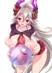 Rule 34 | 10s, 1girl, ball, beachball, bikini, blush, breasts, draph, granblue fantasy, grey hair, hair between eyes, harigane shinshi, highres, horns, large breasts, leaning forward, long hair, looking at viewer, nipples, open mouth, red eyes, see-through, simple background, solo, swimsuit, threo (granblue fantasy)