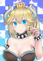 Rule 34 | 1girl, absurdres, armlet, bare shoulders, black collar, blonde hair, blue eyes, blush, bowsette, bracelet, breasts, cleavage, collar, collarbone, crown, earrings, highres, horns, jewelry, large breasts, long hair, looking at viewer, mario (series), monster girl, neck, new super mario bros. u deluxe, nintendo, pointy ears, spiked armlet, spiked bracelet, spiked collar, spiked shell, spikes, super crown, teeth, turtle shell, white horns