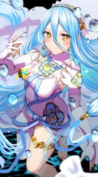 Rule 34 | 1girl, absurdres, azura (fire emblem), barefoot, blue hair, blush, breasts, dress, elbow gloves, fingerless gloves, fire emblem, fire emblem fates, gloves, hair between eyes, highres, jewelry, light blue hair, long hair, medium breasts, mu tu bu, necklace, nintendo, parted lips, solo, thighlet, very long hair, white dress, white gloves, yellow eyes