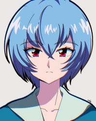 Rule 34 | 1990s (style), 1girl, absurdres, artist name, ayanami rei, blue hair, chromatic aberration, collarbone, expressionless, highres, looking at viewer, neon genesis evangelion, nui inu, portrait, red eyes, retro artstyle, school uniform, short hair, solo, tokyo-3 middle school uniform