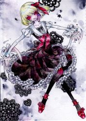 Rule 34 | 1girl, alternate costume, black thighhighs, blonde hair, bow, dress, embodiment of scarlet devil, eyelashes, female focus, flower, frills, hair bow, heart, lolita fashion, long sleeves, miri, miri (tobira no mukou), no nose, outstretched arms, painting (medium), red eyes, ribbon, rose, rumia, shoes, short hair, smile, solo, spread arms, thighhighs, touhou, traditional media, watercolor (medium), wide sleeves