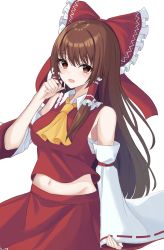 Rule 34 | 1girl, 7saki, bad id, bad pixiv id, bare shoulders, bow, breasts, brown eyes, brown hair, collar, detached sleeves, hair between eyes, hair tubes, hakurei reimu, hand up, highres, long hair, long sleeves, looking at viewer, medium breasts, open mouth, red bow, red skirt, red vest, simple background, sitting, skirt, smile, solo, touhou, vest, white background, white collar, white sleeves, yellow neckwear