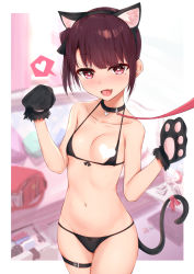 Rule 34 | 1girl, animal ear fluff, animal ears, animal hands, backpack, bag, black bra, black collar, black panties, blush, bra, breasts, cat ears, cat paws, cat tail, censored, censored nipples, collar, collarbone, fake animal ears, fang, gloves, hands up, heart, heart-shaped pupils, heart censor, highres, indoors, kanju, leash, looking at viewer, mole, mole under eye, navel, open mouth, original, outside border, panties, paw gloves, purple eyes, purple hair, randoseru, ribbon, short hair, small breasts, solo, spoken heart, standing, stomach, symbol-shaped pupils, tail, thigh strap, underwear, underwear only, viewer holding leash