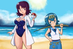 Rule 34 | 2girls, absurdres, alternate breast size, armpit hair, artist request, beach, blue eyes, blue hair, blue one-piece swimsuit, blue sky, breasts, creatures (company), empty eyes, fishing rod, game freak, highleg, highleg swimsuit, highres, holding, holding poke ball, jewelry, lana (pokemon), large breasts, looking at viewer, multiple girls, nintendo, ocean, one-piece swimsuit, open mouth, philena ivy, poke ball, pokemon, pokemon (anime), pokemon (classic anime), pokemon sm, purple hair, shiny clothes, shiny skin, sky, slingshot swimsuit, smile, standing, swimsuit, water, wide hips