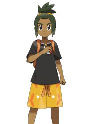 Rule 34 | 1boy, asatsuki (fgfff), backpack, bag, black eyes, black shirt, clenched hand, closed mouth, collarbone, commentary request, creatures (company), dark-skinned male, dark skin, floral print, game freak, green hair, hand up, hau (pokemon), highres, holding, holding poke ball, male focus, nintendo, orange bag, orange shorts, poke ball, poke ball (basic), pokemon, pokemon sm, shirt, short hair, short ponytail, short sleeves, shorts, solo, transparent background