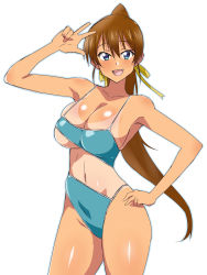 Rule 34 | 1girl, :d, arm up, armpits, blue eyes, blush, breasts, brown hair, cleavage, clothing cutout, commentary request, cowboy shot, fang, female focus, hair ornament, hair ribbon, hand on own hip, happy, highleg, highleg swimsuit, highres, kagemusha, large breasts, long hair, looking at viewer, navel, one-piece swimsuit, one-piece tan, open mouth, original, partial commentary, ponytail, ribbon, shiny skin, simple background, skindentation, smile, solo, standing, stomach cutout, swimsuit, tan, tanline, thighs, underboob, w, white background, yellow ribbon