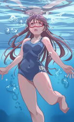 Rule 34 | air bubble, bare shoulders, barefoot, breasts, brown hair, bubble, collarbone, commission, covered navel, highres, long hair, medium breasts, nikulas cage, one-piece swimsuit, open mouth, original, pink eyes, pixiv commission, reflection, school swimsuit, swim goggles, swimsuit, underwater