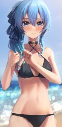 Rule 34 | 1girl, absurdres, amane sora, beach, bikini, black bikini, blue eyes, blue hair, blue nails, blush, bow, breasts, choker, closed mouth, collar, collarbone, day, earrings, embarrassed, fingernails, hair between eyes, hair bow, hair over eyes, hair ribbon, twirling hair, hands in hair, highres, hololive, hoshimachi suisei, jewelry, lens flare, light particles, long hair, looking at viewer, nail polish, navel, o-ring, o-ring bikini, ocean, outdoors, reflection, reflective water, ribbon, side ponytail, sky, small breasts, solo, star (symbol), star choker, sunlight, swimsuit, virtual youtuber, wet, wet clothes, wet hair, wet swimsuit