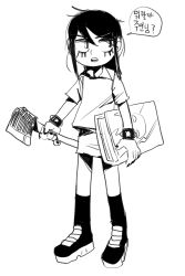 Rule 34 | 1girl, axe, black hair, dylan beekler, golan the insatiable, goth fashion, highres, lakilolom, long hair, monochrome, nail polish, shoes, translation request, weapon