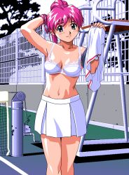 Rule 34 | 1girl, 4bpp, bra, breasts, female focus, green eyes, hand in own hair, lingerie, mahjong sports line, nature, outdoors, pc-98 (style), pc98, pink hair, plant, ponytail, solo, sportswear, tennis, tennis uniform, topless, underwear, undressing