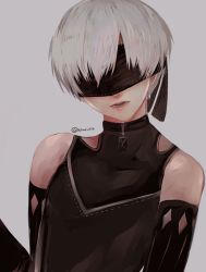 Rule 34 | 1boy, bare shoulders, blindfold, choker, elbow gloves, gloves, grey background, lumicakes, male focus, nier (series), nier:automata, open mouth, portrait, simple background, solo, white hair, 9s (nier:automata)
