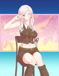 Rule 34 | 1girl, airani iofifteen, boots, braid, chair, highres, hololive, hololive indonesia, knee boots, melon yogurt, midriff, one eye closed, palm tree, pink hair, purple eyes, shorts, sitting, sleeveless, solo, tree, v, v over eye, virtual youtuber, wink