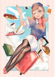 Rule 34 | 1girl, absurdres, aircraft, airplane, belt, blue eyes, blue hat, blue shirt, blush, bow, bowtie, breasts, coffee, cup, food, hat, highres, juice box, light brown hair, long hair, luggage, medium breasts, mizutame tori, one eye closed, onigiri, open mouth, original, pantyhose, plate, red bow, red bowtie, red footwear, rolling suitcase, sandwich, shirt, short sleeves, skirt, solo, striped bow, striped bowtie, striped clothes, striped neckwear, suitcase, tights day, tray, uniform, white skirt
