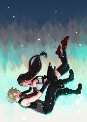 Rule 34 | 1boy, 1girl, babigonice, bare shoulders, black hair, black skirt, black thighhighs, blonde hair, blue eyes, boots, breasts, cloud strife, crop top, detached sleeves, earrings, final fantasy, final fantasy vii, final fantasy vii remake, floating, full body, gloves, highres, imminent hug, jewelry, large breasts, long hair, low-tied long hair, open mouth, red eyes, red footwear, skirt, sleeveless, sleeveless turtleneck, spiked hair, sweater, tank top, tears, thighhighs, tifa lockhart, turtleneck, turtleneck sweater, white tank top