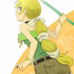 Rule 34 | 1girl, 72yan, bare shoulders, bow, butterfly tattoo, choker, commentary request, green eyes, hair ribbon, jewelry, light green hair, long hair, looking at viewer, lowres, multi-tied hair, open mouth, ponytail, ribbon, saga, saga frontier 2, shorts, solo, tattoo, very long hair, virginia knights