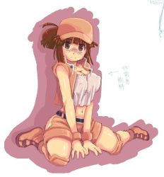 Rule 34 | 1girl, arrow (symbol), belt, blush, boots, breasts, brown eyes, brown hair, cleavage, covered erect nipples, fio germi, glasses, hat, isakitomozou, knee pads, large breasts, looking at viewer, metal slug, midriff, navel, ponytail, shorts, sidelocks, sitting, snk, solo, translation request, vest, wariza