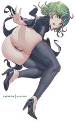 Rule 34 | 1girl, absurdres, ass, black dress, black footwear, black panties, black thighhighs, curly hair, dress, green eyes, green hair, high heels, highres, looking at viewer, looking back, melowh, one-punch man, open mouth, outstretched hand, panties, patreon username, short hair, side slit, solo, tatsumaki, teeth, thighhighs, underwear, upper teeth only, white background