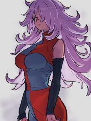 Rule 34 | 1girl, android 21, breasts, checkered clothes, checkered dress, dragon ball, dragon ball fighterz, dress, earrings, grey background, hair over one eye, hoop earrings, jewelry, kemachiku, large breasts, long hair, looking at viewer, majin android 21, pink hair, red eyes, simple background, solo