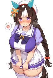 Rule 34 | 1girl, anger vein, animal ears, annoyed, beret, blue bow, blue shirt, blunt bangs, blush, bow, bowtie, braid, breasts, brown hair, clenched teeth, clothes grab, clothes pull, collarbone, covering crotch, covering privates, curvy, ear covers, female focus, frilled skirt, frills, furrowed brow, hair ribbon, hat, heavy breathing, highres, hokko tarumae (umamusume), horse ears, horse girl, horse tail, horseshoe ornament, large breasts, long hair, looking at viewer, low-braided long hair, low-tied long hair, miniskirt, multicolored hair, pleated skirt, plump, puffy sleeves, purple eyes, ribbon, sailor collar, sailor shirt, school uniform, serafuku, shirt, short sleeves, sidelocks, simple background, sirakomasumosu2, skindentation, skirt, skirt pull, solo, speech bubble, spoken anger vein, standing, streaked hair, sweat, tail, teeth, thick thighs, thighhighs, thighs, tracen school uniform, twin braids, two-tone hair, umamusume, very long hair, white background, white hair, white hat, white sailor collar, white skirt, white thighhighs, zettai ryouiki