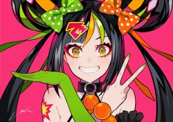 Rule 34 | 1girl, amy-chan, amy channel, asymmetrical bangs, bare shoulders, black hair, bobbles, bow, collar, collarbone, crossed arms, double bun, eyebrows hidden by hair, eyeshadow, gloves, green gloves, green nails, grin, hair bow, hair bun, hair ornament, hairclip, halterneck, highres, lam (ramdayo), long hair, looking at viewer, makeup, multicolored hair, nail polish, pink background, polka dot, polka dot bow, portrait, sidelocks, signature, simple background, single glove, smile, solo, streaked hair, tattoo, tsurime, twintails, v, virtual youtuber, wrist bobbles, yellow eyes