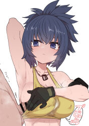 Rule 34 | 1boy, 1girl, arm behind head, armpits, bar censor, blue eyes, blue hair, breasts, censored, closed mouth, collarbone, dog tags, gloves, hetero, highres, large breasts, leona heidern, penis, penis to breast, penis under another&#039;s clothes, simple background, solo focus, sumiyao (amam), sweat, tank top, the king of fighters, the king of fighters xv, white background, yellow tank top