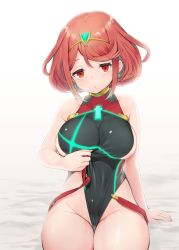 Rule 34 | 1girl, amekosame, breasts, cameltoe, comiket 96, competition swimsuit, gem, glowing, hair ornament, headpiece, jewelry, large breasts, looking at viewer, nintendo, one-piece swimsuit, partially visible vulva, pussy, pyra (pro swimmer) (xenoblade), pyra (xenoblade), red eyes, red hair, short hair, sideboob, sitting, solo, swept bangs, swimsuit, thighs, xenoblade chronicles (series), xenoblade chronicles 2