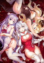 Rule 34 | 3girls, :d, :o, ahoge, armpits, arms up, azur lane, black dress, blonde hair, blue eyes, blush, box, breasts, bun cover, chestnut mouth, china dress, chinese clothes, chiyingzai, cleavage, cleavage cutout, clothing cutout, commentary request, covered navel, double bun, dress, elbow gloves, fang, flower, fur trim, garter straps, gloves, hair bun, hair ornament, hair ribbon, heart-shaped box, highres, illustrious (azur lane), large breasts, long hair, looking at viewer, low twintails, multiple girls, navel, navel cutout, no panties, no shoes, open mouth, pelvic curtain, purple eyes, purple hair, purple ribbon, red dress, ribbon, rose, single side bun, small breasts, smile, thighhighs, twintails, unicorn (azur lane), unicorn (the gift of spring) (azur lane), very long hair, victorious (azur lane), white dress, white gloves, white hair, white legwear, white ribbon, wrist ribbon