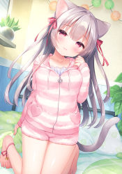 Rule 34 | 1girl, animal ears, ankle bell, barefoot, bed, bell, blush, bow, breasts, cat ears, cat girl, cat tail, closed mouth, collarbone, commentary request, drawstring, grey hair, hair between eyes, hair bow, half-closed eyes, hand up, head tilt, highres, hood, hood down, hooded jacket, indoors, jacket, jingle bell, kneeling, long hair, long sleeves, on bed, original, pillow, pink jacket, pink shorts, plant, potted plant, red bow, red eyes, shelf, short shorts, shorts, sleeves past wrists, small breasts, smile, solo, striped clothes, striped jacket, striped shorts, tail, usashiro mani, very long hair