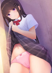 Rule 34 | 1girl, black hair, black skirt, blush, bow, bow panties, bowtie, cameltoe, closed mouth, clothes lift, collared shirt, commentary request, cowboy shot, crotch seam, from below, hair ornament, hairclip, hicha nomu, highres, lifted by self, long hair, looking at viewer, miniskirt, navel, original, panties, pink panties, pleated skirt, purple eyes, red bow, red bowtie, school uniform, shirt, short sleeves, sidelocks, skirt, skirt lift, solo, standing, stomach, striped bow, striped bowtie, striped clothes, striped neckwear, thighs, underwear, white shirt