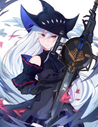 Rule 34 | 1girl, absurdres, arknights, bare shoulders, black gloves, black headwear, black neckwear, black pants, breasts, clothing cutout, cowboy shot, elbow gloves, gloves, hair between eyes, highres, holding, holding sword, holding weapon, jiaoxiang tc, long hair, looking at viewer, medium breasts, pants, parted lips, red eyes, silver hair, skadi (arknights), skadi (elite ii) (arknights), solo, sword, thigh cutout, thighs, very long hair, weapon, white background