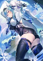 Rule 34 | 1girl, arms up, ass, black bodysuit, black gloves, black hairband, black leotard, black thighhighs, blue hair, bodysuit, craytm, dutch angle, eula (genshin impact), genshin impact, gloves, greatsword, hairband, highres, leotard, long sleeves, looking at viewer, parted lips, solo, sword, thigh strap, thighhighs, thighs, weapon