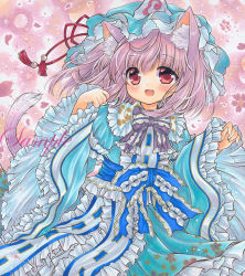 Rule 34 | 1girl, :d, animal ear fluff, animal ears, blue hat, blue kimono, bow, bowtie, cat ears, cat tail, cherry blossoms, cowboy shot, fang, floral print, flower, frilled hat, frilled kimono, frilled shirt collar, frilled sleeves, frills, hat, japanese clothes, kemonomimi mode, kimono, long sleeves, looking at viewer, marker (medium), medium hair, mob cap, open mouth, paw pose, petals, pink flower, pink hair, pink tail, print kimono, purple bow, purple bowtie, red eyes, rui (sugar3), saigyouji yuyuko, sample watermark, sleeves past wrists, smile, solo, tail, tassel, touhou, traditional media, triangular headpiece, watermark, wide sleeves