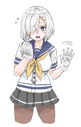 Rule 34 | 1girl, 30-06, absurdres, black skirt, blue eyes, blue sailor collar, blush, breasts, brown pantyhose, buttons, commentary request, cropped legs, embarrassed, flying sweatdrops, gloves, grey hair, hair ornament, hair over one eye, hairclip, hamakaze (kancolle), hands up, highres, kantai collection, large breasts, looking at viewer, motion lines, neckerchief, open mouth, pantyhose, pleated skirt, sailor collar, school uniform, serafuku, shirt, short hair, short sleeves, skirt, solo, white background, white gloves, white shirt, yellow neckerchief
