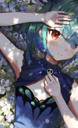 Rule 34 | 1girl, absurdres, animal print, bare arms, bare shoulders, blue dress, blue hair, blue ribbon, blurry, blush, brooch, bug, butterfly, butterfly print, closed mouth, depth of field, detached collar, dress, field, flat chest, flower, flower field, gradient hair, green hair, hair ribbon, hand on own chest, hand over face, hand up, highres, hololive, hololive fantasy, huge filesize, insect, jewelry, looking at viewer, lying, multicolored hair, on back, red eyes, ribbon, short hair, sidelocks, skull brooch, smile, solo, strapless, strapless dress, toshieve, upper body, uruha rushia, uruha rushia (1st costume), virtual youtuber