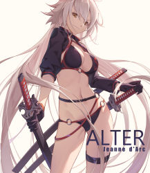 Rule 34 | 1girl, ahoge, bikini, black bikini, black gloves, black jacket, breasts, character name, choker, cleavage, commentary request, contrapposto, cowboy shot, fate/grand order, fate (series), gloves, hair between eyes, highres, holding, holding weapon, jacket, jeanne d&#039;arc alter (swimsuit berserker) (fate), jeanne d&#039;arc (fate), jeanne d&#039;arc alter (fate), jeanne d&#039;arc alter (swimsuit berserker) (fate), katana, large breasts, long hair, looking at viewer, midriff, navel, nian (zhanian), o-ring, sheath, sheathed, shrug (clothing), silver hair, simple background, smug, standing, stomach, swimsuit, sword, thighs, very long hair, weapon, yellow eyes
