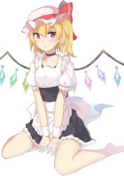 Rule 34 | 1girl, absurdres, alternate costume, apron, bad id, bad nicoseiga id, barefoot, black skirt, blonde hair, blush, choker, closed mouth, collarbone, commentary request, emushake, enmaided, flandre scarlet, frilled skirt, frills, highres, looking at viewer, maid, puffy short sleeves, puffy sleeves, red eyes, short sleeves, simple background, sitting, skirt, smile, solo, touhou, v arms, wariza, white background, wings, wrist cuffs