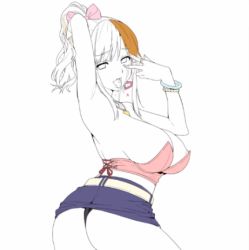 Rule 34 | 1girl, armpits, ass, bare shoulders, breasts, hair ribbon, large breasts, looking at viewer, looking back, love plus, lowres, open mouth, panties, ribbon, simple background, sketch, skirt, skirt around belly, solo, standing, takane manaka, takeda hiromitsu, tongue, tongue out, underwear, v, white background