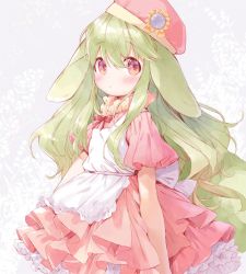 Rule 34 | 1girl, animal ears, apron, beret, blush, brown eyes, closed mouth, commentary request, cowboy shot, dot mouth, dress, frilled dress, frills, green hair, hat, highres, long hair, mutou mato, neck ribbon, original, pink dress, pink hat, red ribbon, ribbon, short hair, solo, very long hair, wavy hair, white apron