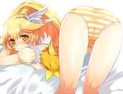 Rule 34 | 10s, 1girl, ass, bad id, bad pixiv id, blonde hair, blush, breasts, cameltoe, cure peace, frown, hair flaps, kamanatsu, kise yayoi, kneepits, nipples, no bra, panties, precure, pussy juice, small breasts, smile precure!, solo, striped clothes, striped panties, underwear, white background, wide ponytail, yellow eyes, yellow theme