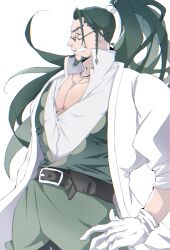Rule 34 | 1boy, bara, beard, belt, braid, facial hair, glasses, gloves, green eyes, green hair, grin, high ponytail, highres, jewelry, lab coat, large pectorals, long hair, male focus, miosaka0000, murakami teppa, necklace, pectoral cleavage, pectorals, revenger, smile, solo, very long hair, white background, white gloves