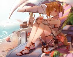 Rule 34 | 2girls, absurdres, ahoge, amiya (arknights), animal ears, arknights, bare legs, bare shoulders, beach umbrella, bikini, blonde hair, chinese commentary, commentary request, cup, drinking glass, drinking straw, food, fruit, grill, highres, holding, holding cup, horns, ifrit (arknights), ifrit (sunburn) (arknights), knees up, looking at viewer, multiple girls, official alternate costume, red eyes, river (river ga), sandals, short hair, sora (arknights), sora (summer flowers) (arknights), swimsuit, swimsuit cover-up, thighs, twintails, umbrella, watermelon, white bikini, wolf ears