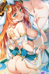 Rule 34 | 1girl, anus, armlet, ass, back, back tattoo, blue skirt, blush, breasts, breasts out, censored, fake horns, flower tattoo, genshin impact, green eyes, hair ornament, harem outfit, has bad revision, has watermarked revision, highres, horns, large breasts, long hair, looking at viewer, looking back, miazi, multiple views, nilou (genshin impact), nipples, parted lips, pussy, red hair, sash, sidelocks, skirt, tattoo, variant set, veil, vision (genshin impact), wading, water, wet, wrist cuffs